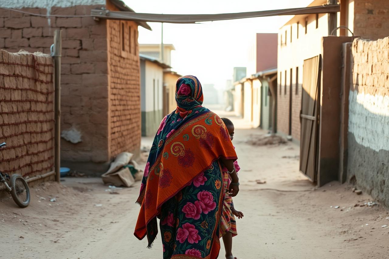 A mother in a colourful wrapper walking her daughter along a dusty street of mud-brick homes in the early morning