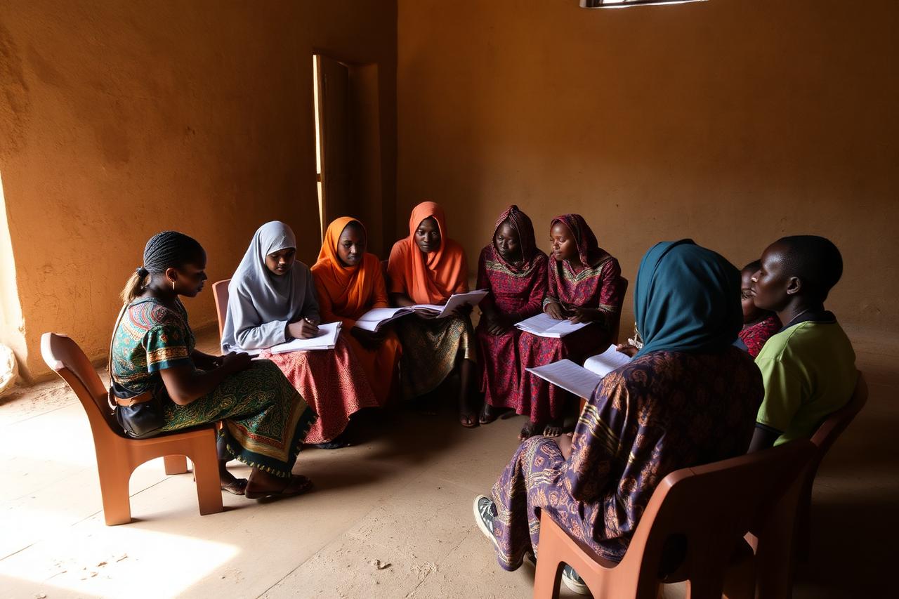 Volunteers seated in a circle in a simple hall taking notes during a safeguarding training session