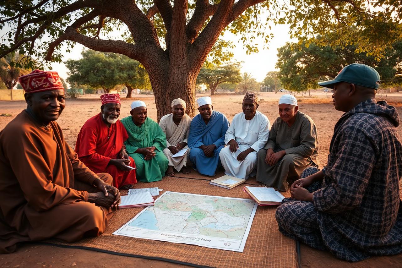 Ward heads in traditional robes seated with foundation staff around a community map spread on a mat under a tree